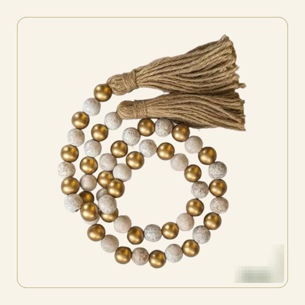 Rustic Linen Tassel Garland with Wooden Beads